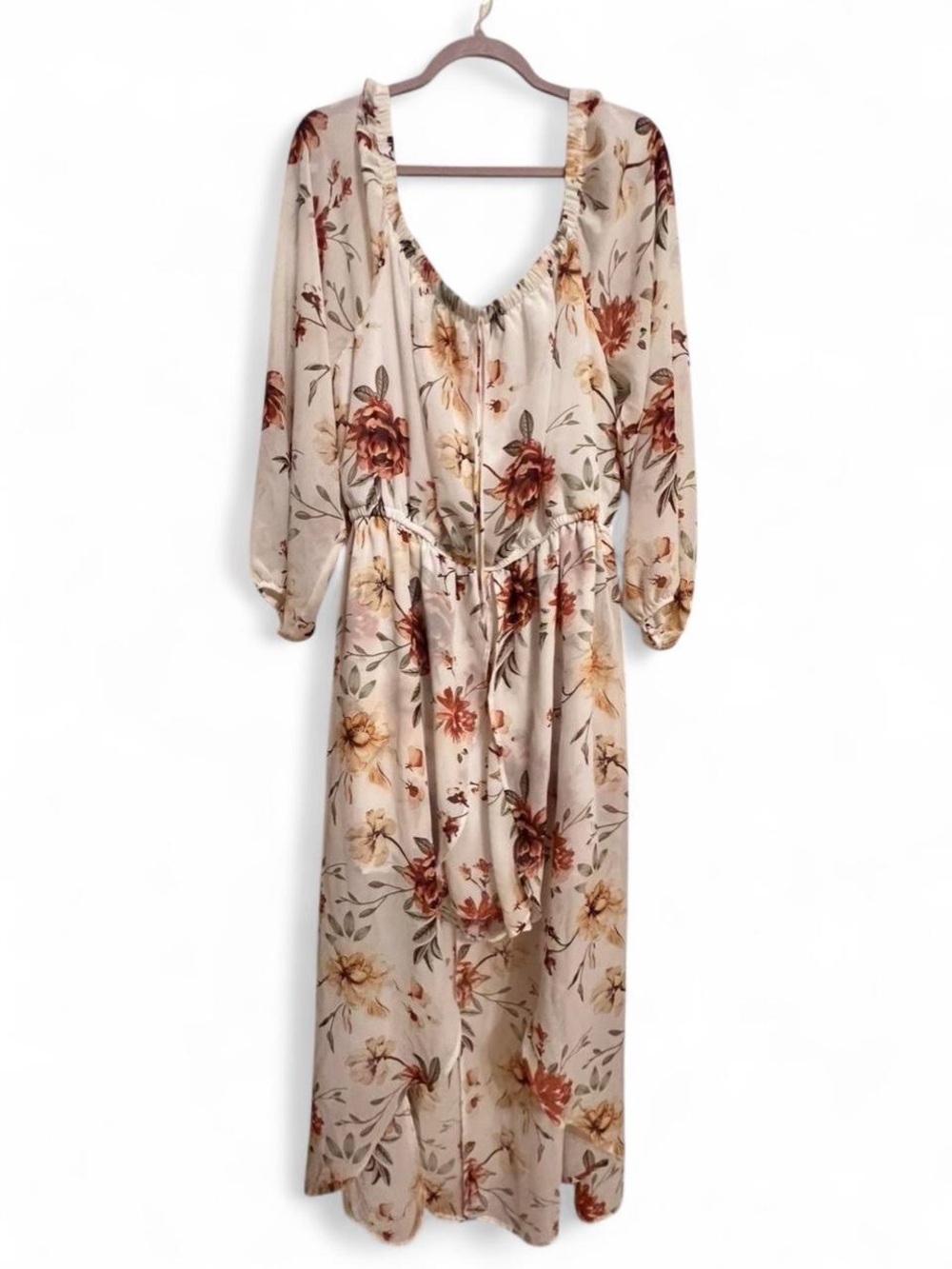 Rue21 Cream Floral V-Neck Jumpsuit with Rust and Gold Blooms
